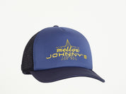 Blue trucker cap with yellow 'mellow Johnny's' logo on a white background