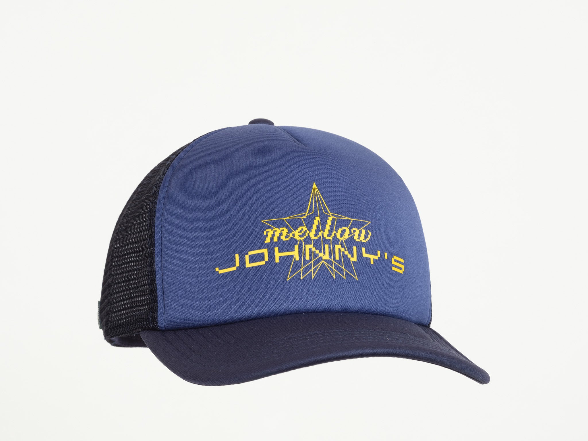 Blue trucker cap with yellow 'mellow Johnny's' logo on a white background