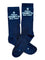 A pair of black crew socks with white embroidered text reading 'Mellow Johnny's Bike Shop' and a star logo, laid flat on a white background.