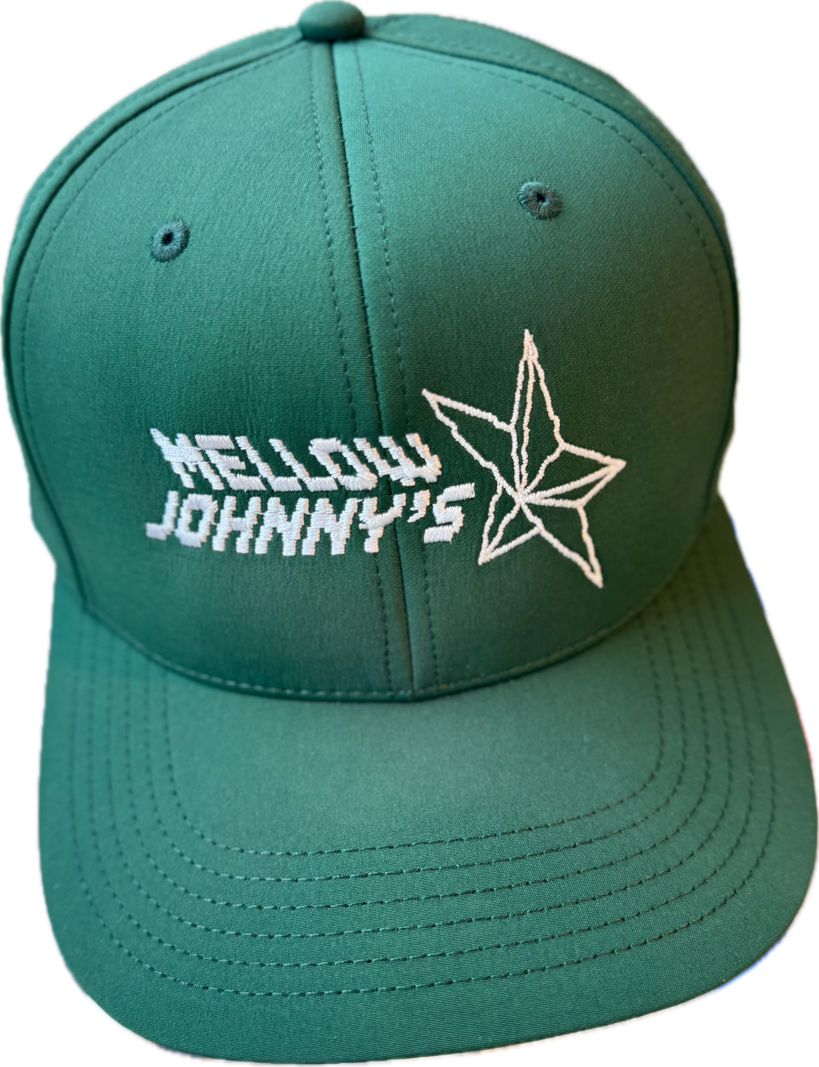 Green cap with 'Mellow Johnny's' logo on a white background