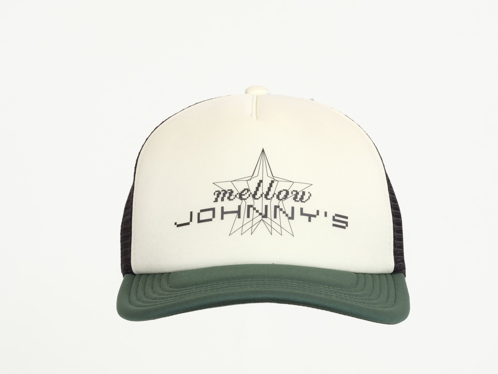 Trucker hat with 'mellow johnny's' logo on a white background