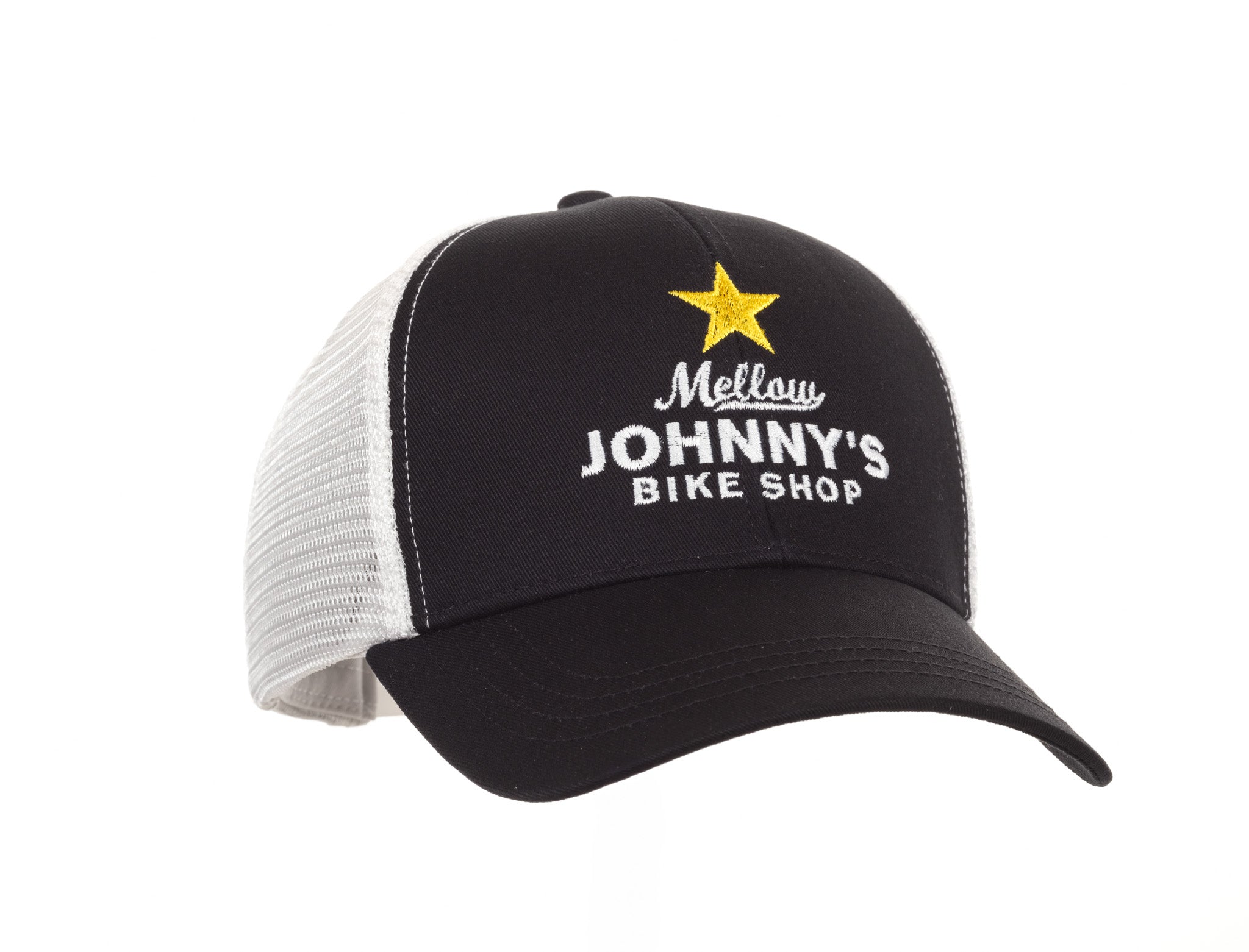 A black and white mesh snapback trucker hat with 'Mellow Johnny's Bike Shop' logo on the front.