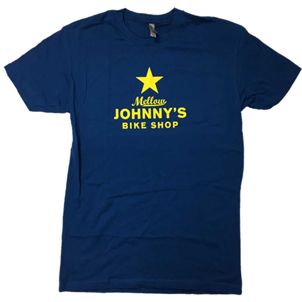 Mellow Johnny's Bike Shop Bobcat blue and yellow t-shirt
