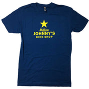 Mellow Johnny's Bike Shop Bobcat blue and yellow t-shirt